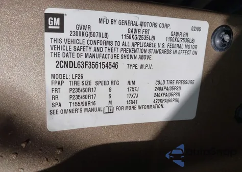 2005 Chevrolet Equinox Lt from USA, damaged, VIN 2CNDL63F356154546